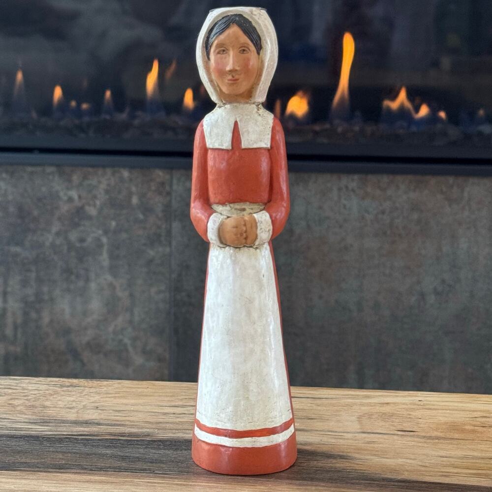 Vtg Kurt S Adler Thanksgiving Pilgrim Woman Candle Holder 9" Folk Art Wood look